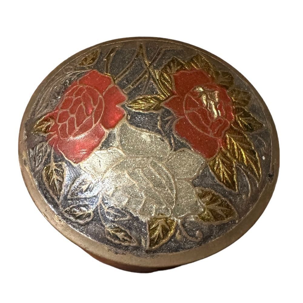 Vintage Brass Enamel Cloisonne Floral Trinket Dish